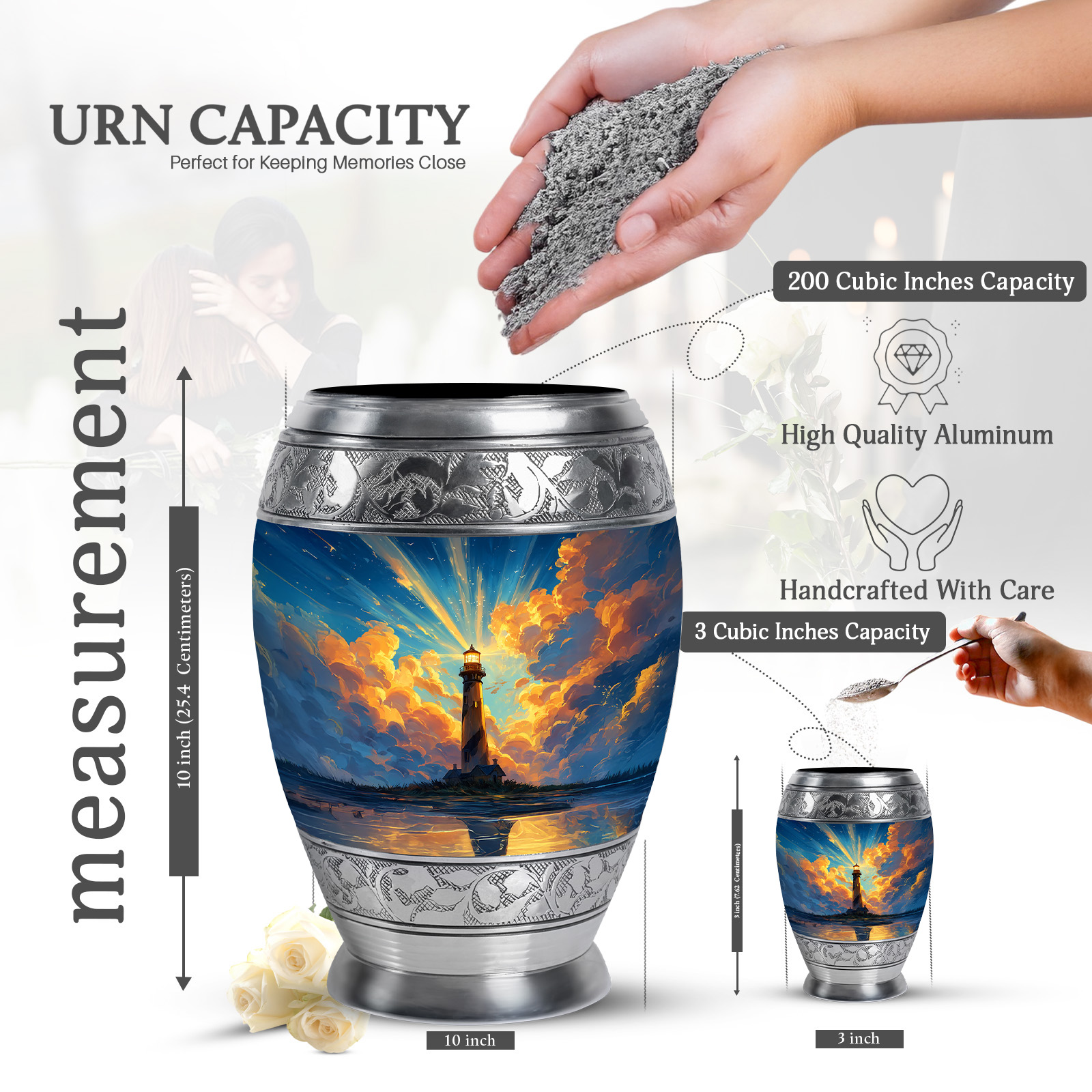 KARYLIZ Lighthouse Keepsake Urns For Human Ashes Set, Cremation Funeral Urn for Human Ashes, Keepsake Memorial Gift, Beautiful Mini Urns for Ash Container, Combo (10 Inch & 3 Inch Mini Set of 4)