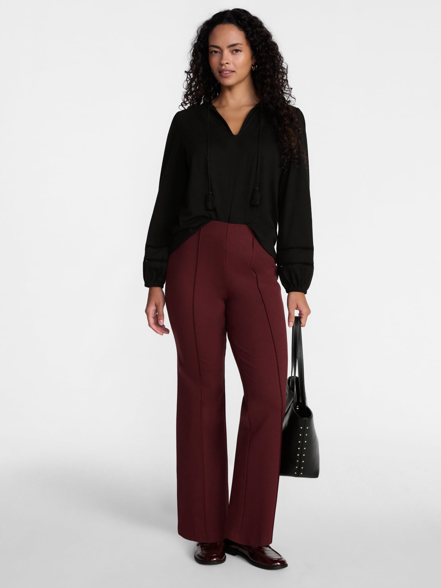 Scenario Women's Slub Knit Split Neck Top with Long Sleeves, Sizes XS-XXXL
