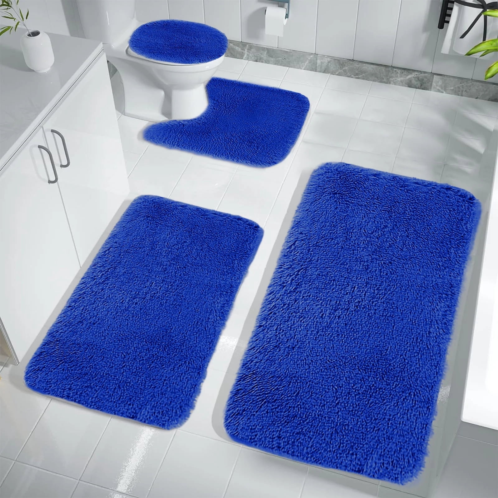 4-Piece Plush Non-Slip Bathroom Rug Set, Ultra-Soft Absorbent Shaggy Floor Mats & Toilet Lid Cover, Vibrant Blue Bath Rugs for Bathroom, Shower, Tub, Toilet Area for Home, Family & Daily Use