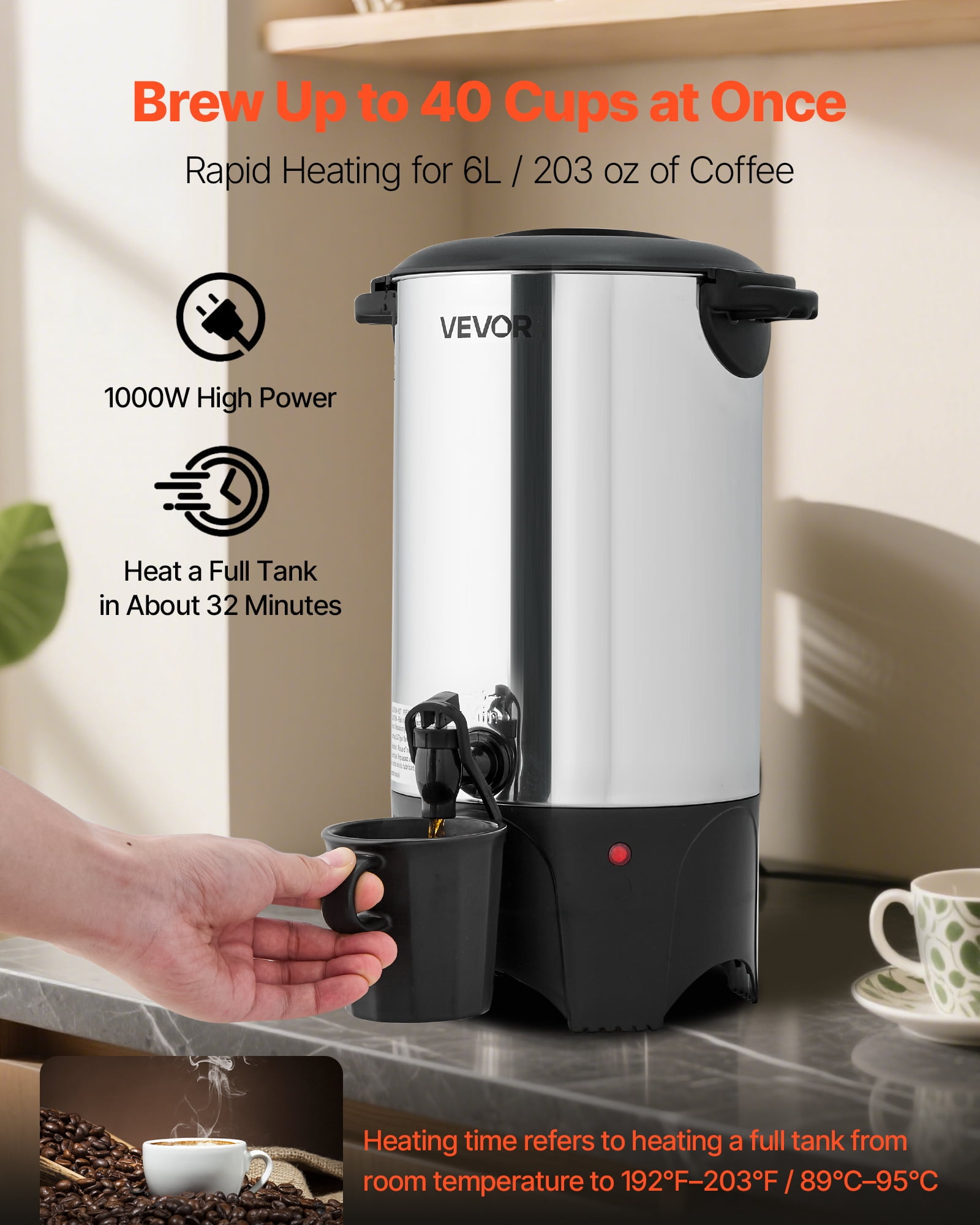 VEVOR Commercial Coffee Urn, 40 Cup 6 L Hot Beverage Dispenser with Dripless Faucet, Quick-Brewing Commercial Coffee Maker, with Stainless Steel Liner, for Catering, Business, Church & Restaurant