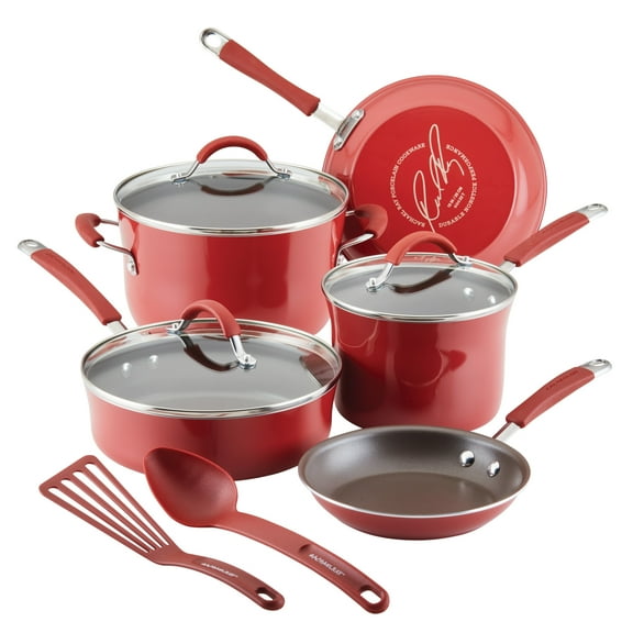 Rachael Ray Cucina 10 Piece Porcelain Enamel Nonstick Pots and Pans Set, Cranberry Red