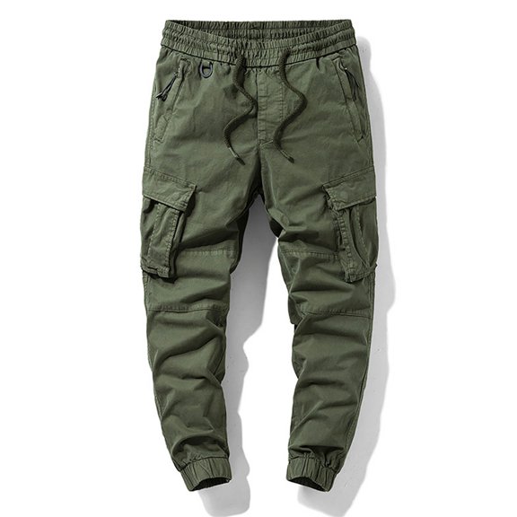 hoksml Men's Casual Cargo Pants Solid Color Zipper Pockets Elastic Waist Drawstring Full Length Pants Outdoor Sports Jogger Work Trousers Bind Pants