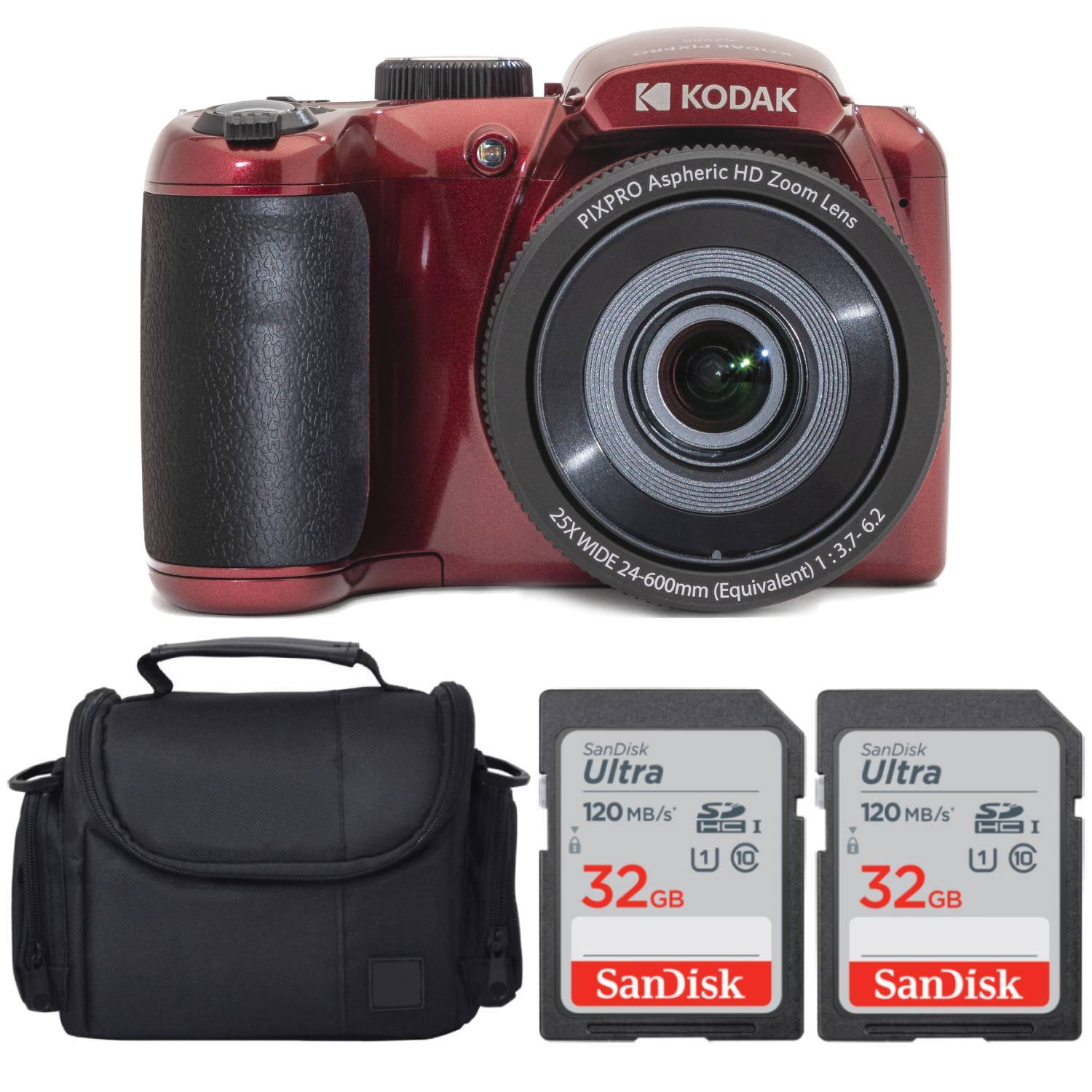 Kodak PIXPRO AZ255 Digital Camera (Red) + SanDisk 32GB Ultra UHSI SDHC