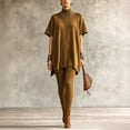 thumbnail image 2 of Szluipve 2 Piece Sets for Women 2 Piece Knit Loungewear Set Turtleneck Short Sleeve Oversized Tunic Top & Ribbed High Waist Leggings Casual Loose Fall Winter Outfit Suit Brown S, 2 of 7