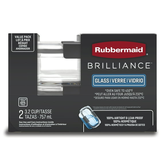 Rubbermaid Brilliance 3.2 Cup Glass Food Storage Containers, Set of 2, Best Used for Leftover Storage and Reheating
