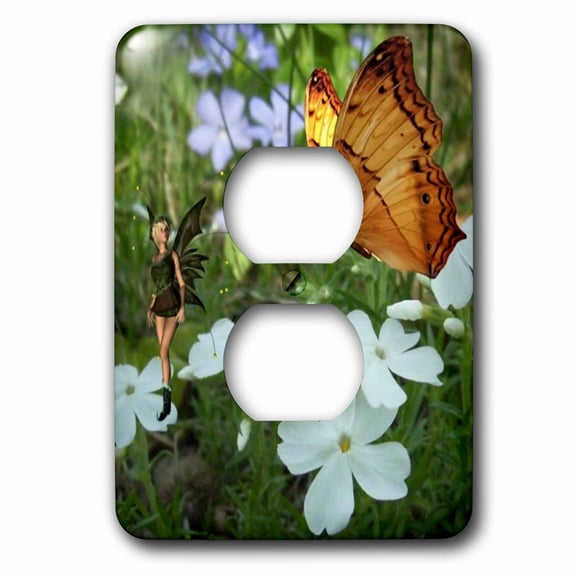 3dRose, Tiny Pretty Fairy On White Flowers With Butterfly, 2 plug outlet cover