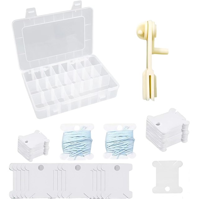Yazoeia 100 Pcs Embroidery Thread Cards Cross Stitch Thread Storage Box Tools - Bobbin Winder with 24-Compartment Plastic Organizer, Embroidery Floss Bobbins for Craft DIY Embroidery CJC912-120949