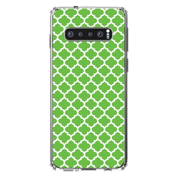 DistinctInk Clear Shockproof Hybrid Case for Samsung Galaxy S10 (6.1" Screen) - TPU Bumper, Acrylic Back, Tempered Glass Screen Protector - Green White Moroccan Lattice