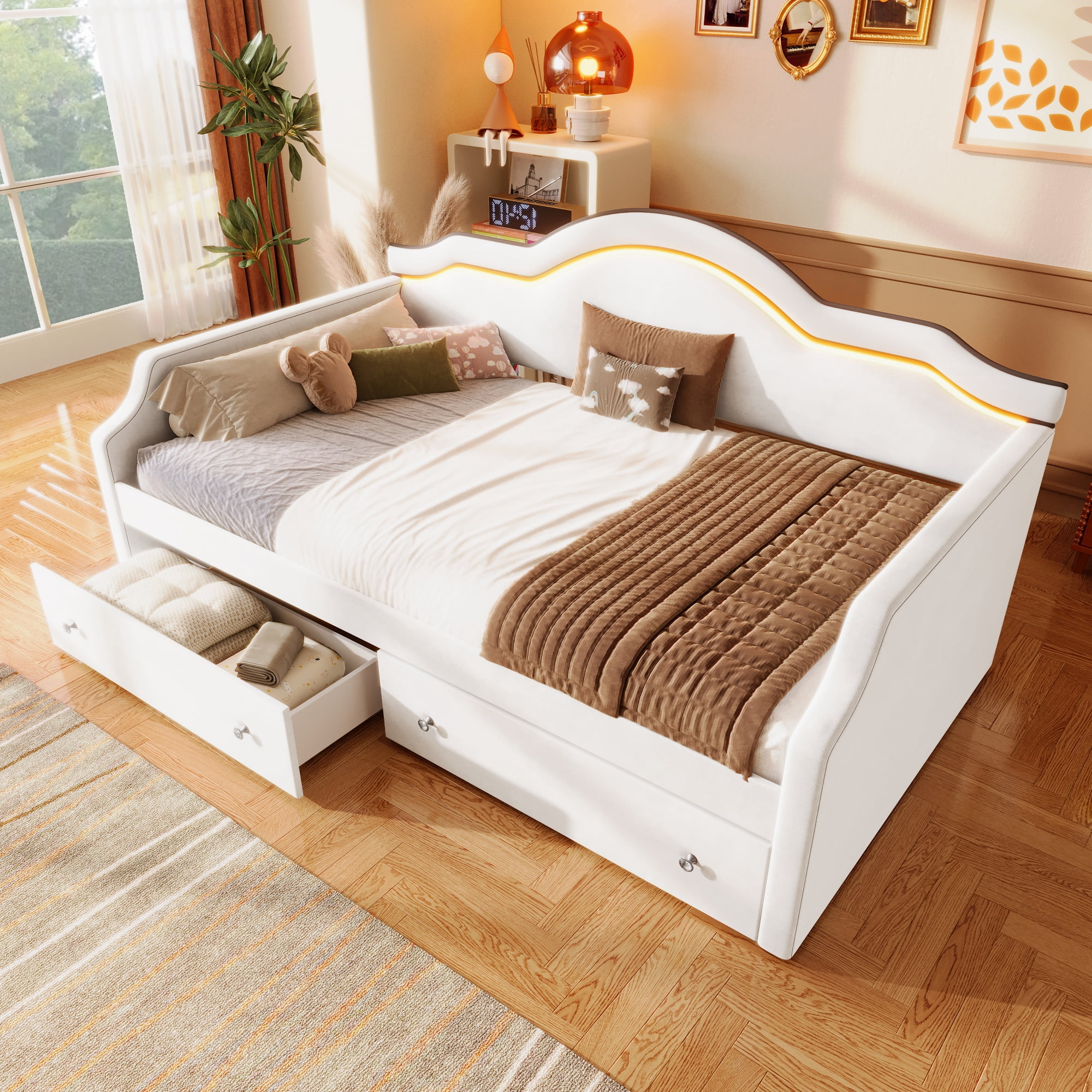 Euroco Upholstered Twin Size Daybed with LED Light and 2 Drawers, Beige