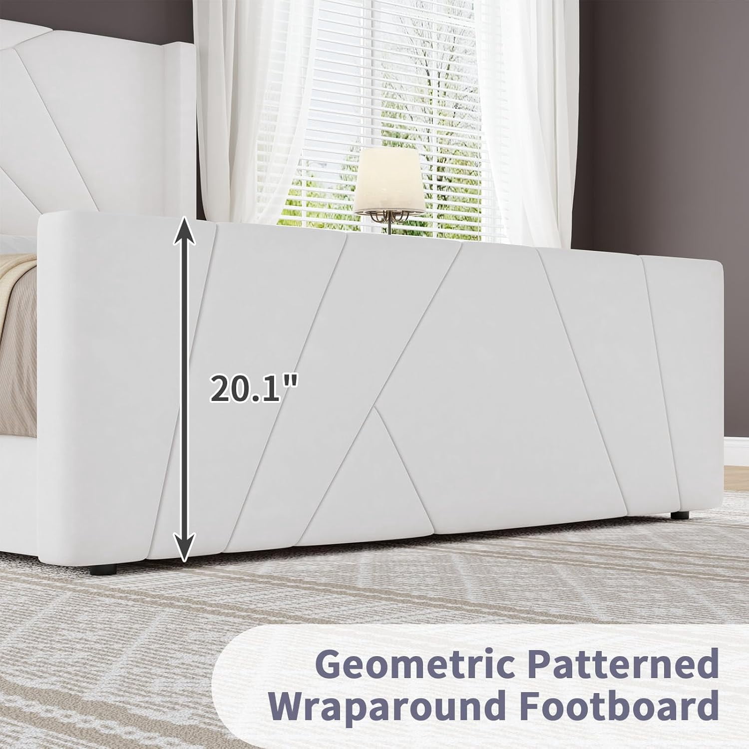 4 EVER WINNER Full Bed Frame, Velvet Upholstered Platform Bed with Headboard and Footbaord, Geometric Tufted Wingback Headboard & Footboard, White
