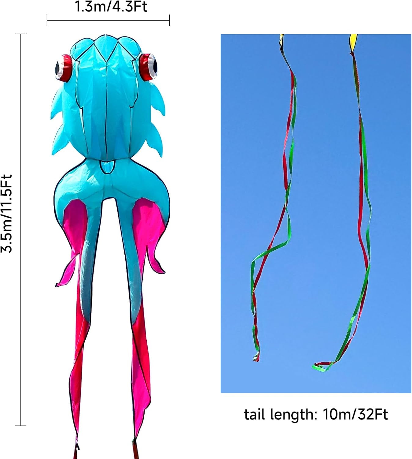 Large 43ft 3D Goldfish Frameless Soft Umbrella Kite for Adults, Easy to Fly with 330ft String for Beach and Park, Ages 12+