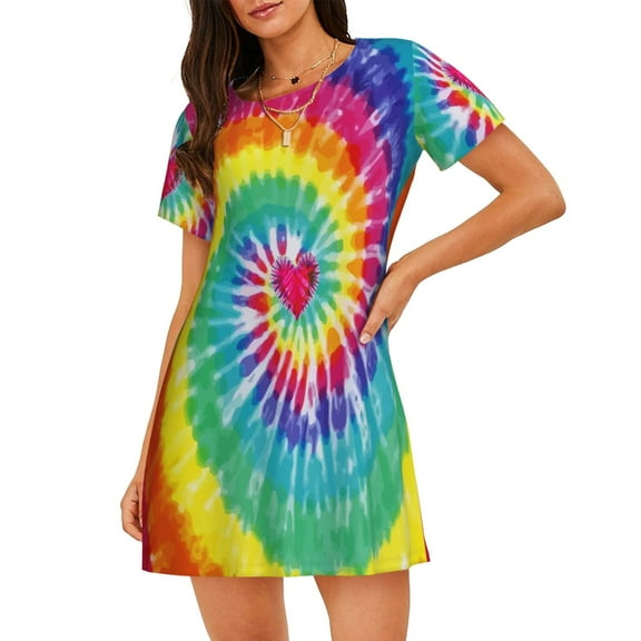 Rainbow Color Tie Dye Hippie Love Women'S Nightgown Sleepwear Short Sleeves Nightshirt Loose Comfy Pajama Small