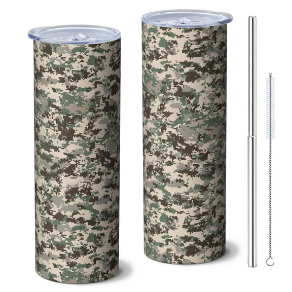 Camouflage 20 Oz Stainless Steel Skinny Tumbler – Vacuum Insulated Slim Travel Cup with Lid & Stainless Steel Straw, 360° Full Wrap Printed Tumbler for Home, Office & Outdoor Use