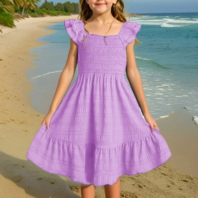 Bdfzl Girls Summer Dresses,Cute Double Layer Ruffle Sleeve Smocked Flowy Dress For Warm Weather Purple 5 Years