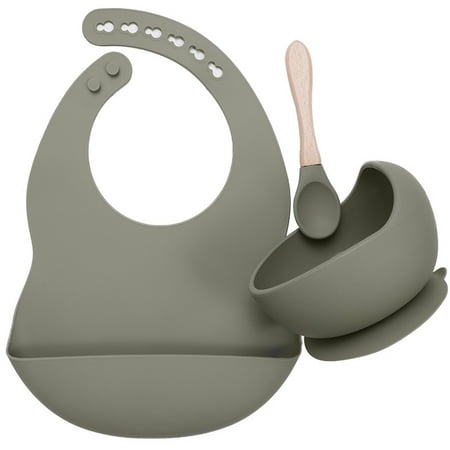 

BPA Free Baby Silicone Tableware Waterproof Bib Flexible Saliva Towel Solid Color Sucker Bowl And Spoon for Children (009-sage)