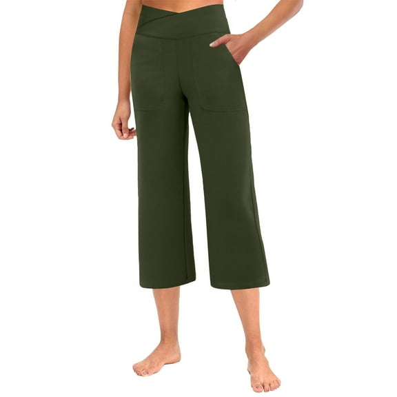 Capris Pants for Women Stretch Plus Size Stretchy Wide Leg Pull on Cropped Pants Tummy Control Cross Waisted Lightweight Cozy Gaucho Pants with Pockets Army Green 2XL