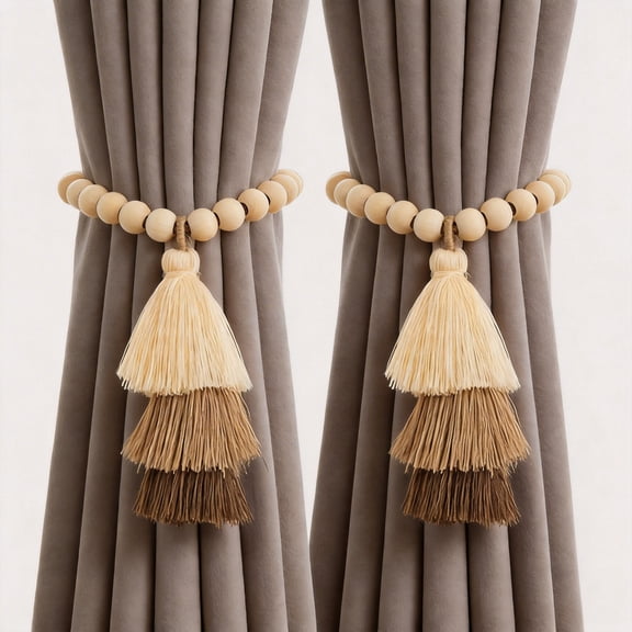 Magnetic Wood Bead Curtain Tiebacks, 2-Pack Boho Rope Drapery Holdbacks with Triple Tassels, Decorative No-Drill Farmhouse Curtain Holders for Living Room, Bedroom & Nursery, Beige