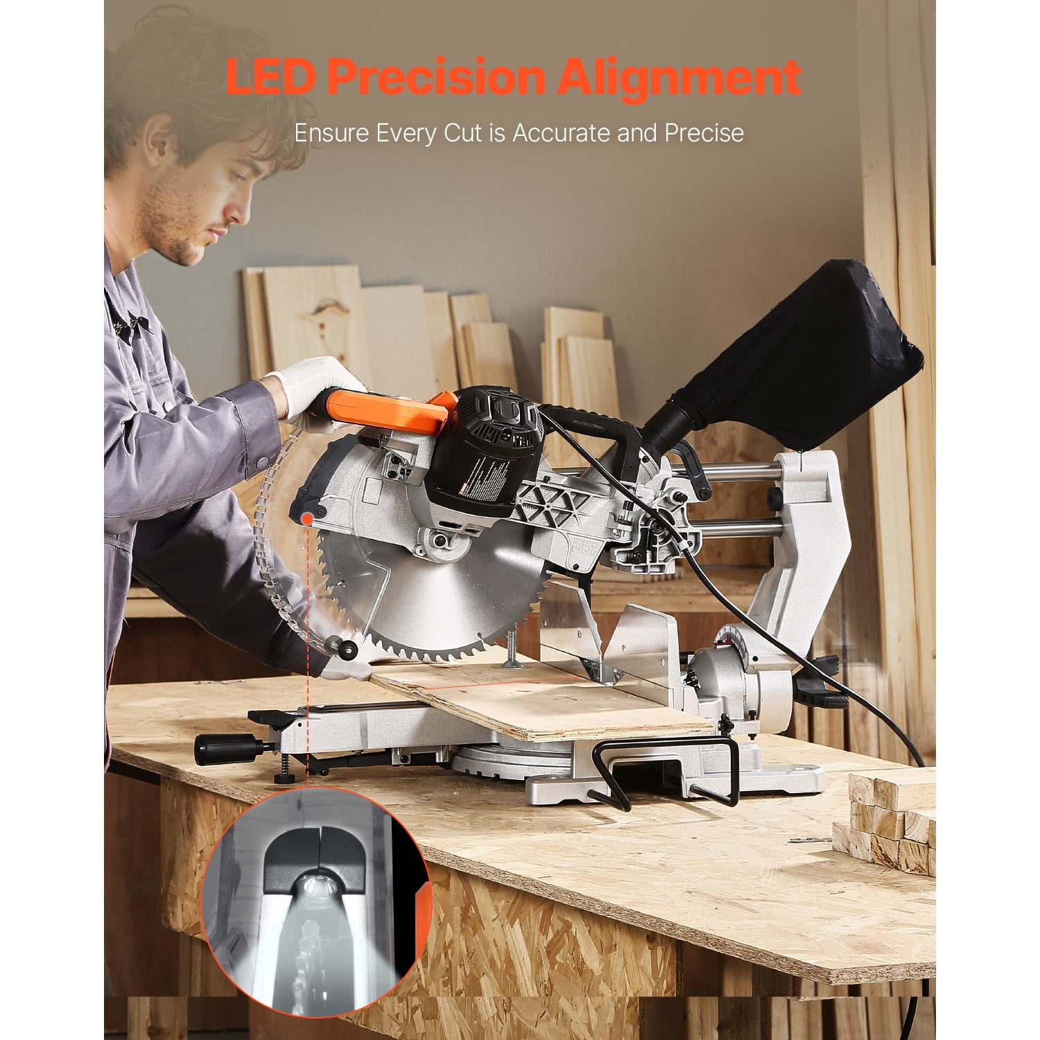 KFFKFF Compound Miter Cutter, Blade of 12 Inches, Motor of 15 Amp, 60-Tooth, Corded Dual Bevel Sliding Miter Cutter, LED for Accurate Alignment, Adjustable Angle, Suitable for Wood