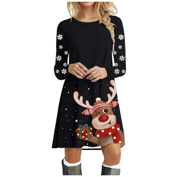 Christmas Dress Christmas Outfits for Women Christmas Womens Long Sleeve Crew Neck Deer Printed Soft Dress Fashion Party Swing Dress