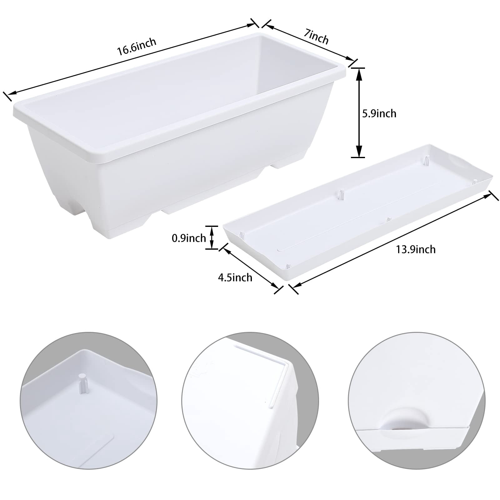 Window Box Planter White 16.6 x 7 x 5.9 inches Rectangular Plastic Pot with Saucer for Indoor Outdoor Garden