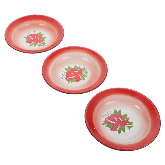 LOLIPPYY 3Pcs Red Vintage Enamelware Plate with Floral Design for Food Snacks Dessert Serving