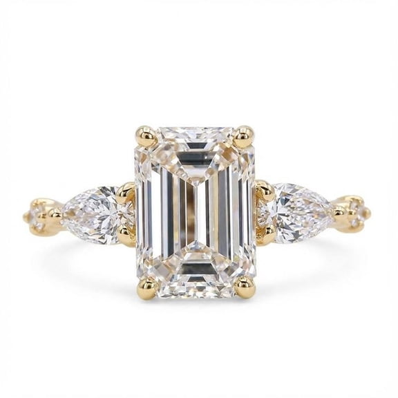 10K Yellow Gold 2.00CT Emerald Cut Lab Grown Engagement Ring with Pear Side Stones Three Stone Classic Wedding Ring for Women