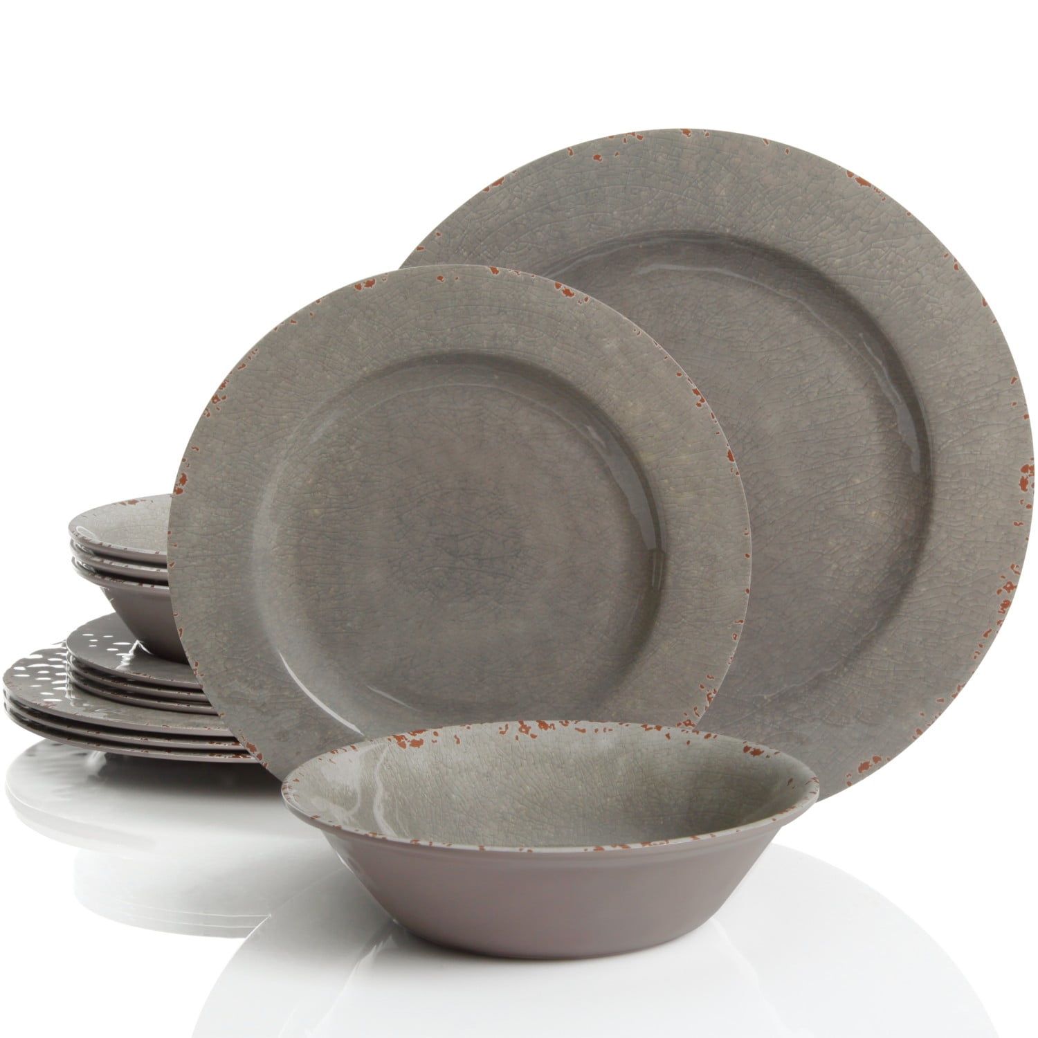 Mauna 12 Pieces Dinnerware Set, Gray, Crackle Look Decal, Melamine
