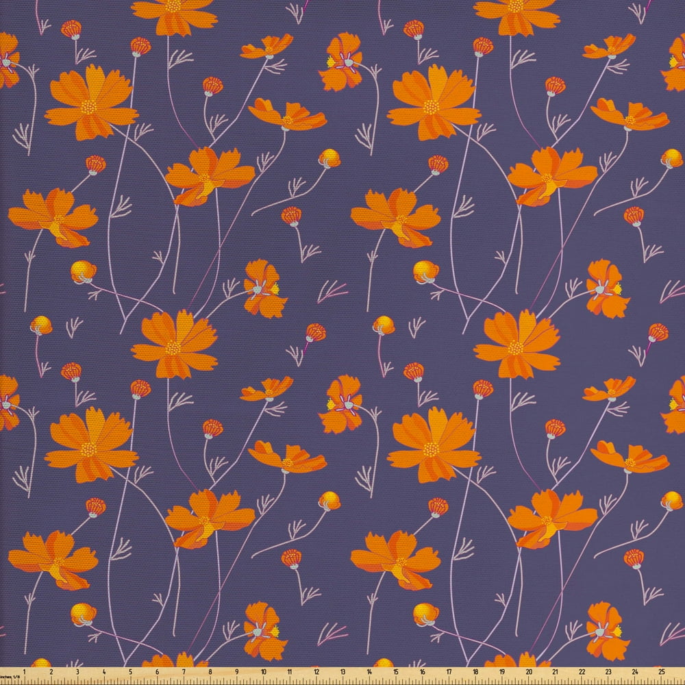 Burnt Orange Fabric by The Yard, Flowers Buds and Thin Peduncles