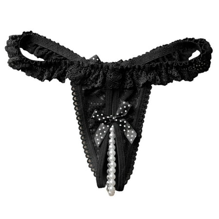 Womens Thong Underwear Black String Thong Pearl Panty Open Back Panties One Size