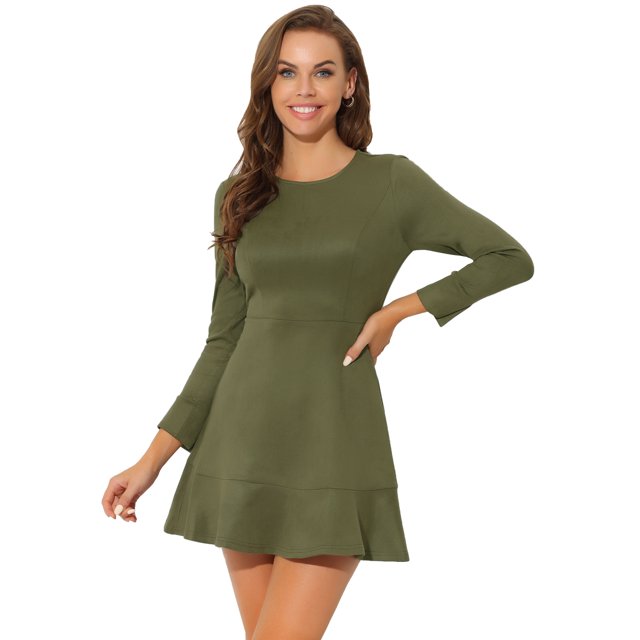 Mini vestido informal de manga larga con dobladillo con volantes y cuello redondo de ante sintético para mujer Ejercito Verde XL