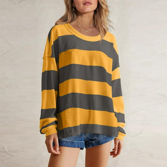 Jsaierl Color Blocked Sweatshirts for Women Oversized Loose Fit Y2k Drop Shoulder Pullover Casual Striped Long Sleeve Shirts Tops