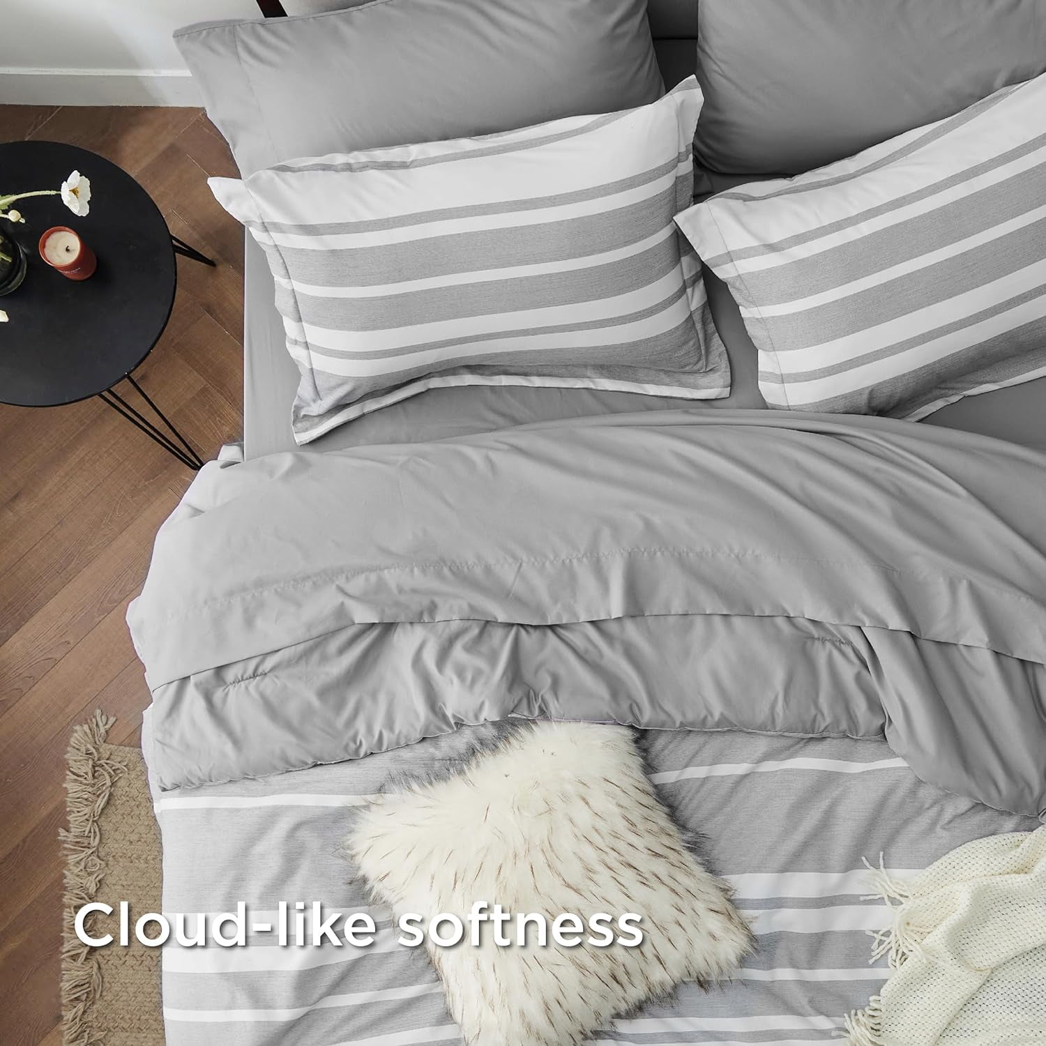 U by Bedsure King Comforter Set, 7 Pieces Gray White Striped Bedding Sets All Season, Bed in a Bag with Comforter, Sheets, Pillowcases & Shams