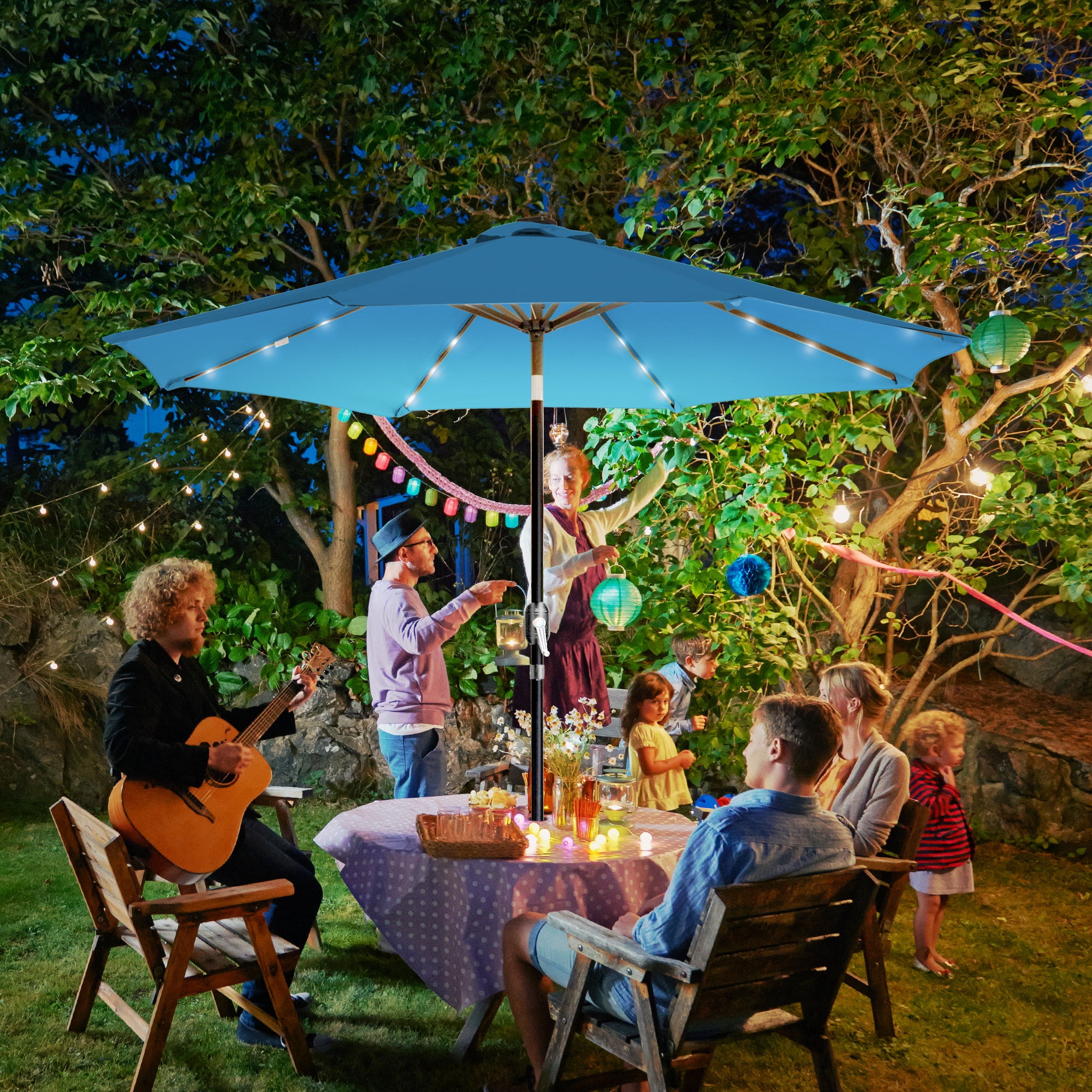 SunRay 9 FT 32 LED Patio Solar Umbrella w/ Push Button Tilt and Crank Outdoor Umbrella Teal