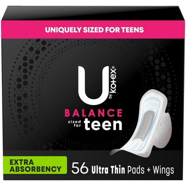 U by Kotex Balance ZS23 Sized for Teens Ultra Thin Pads with Wings, Heavy Absorbency, 56 Count (4 Packs of 14) (Packaging May Vary)