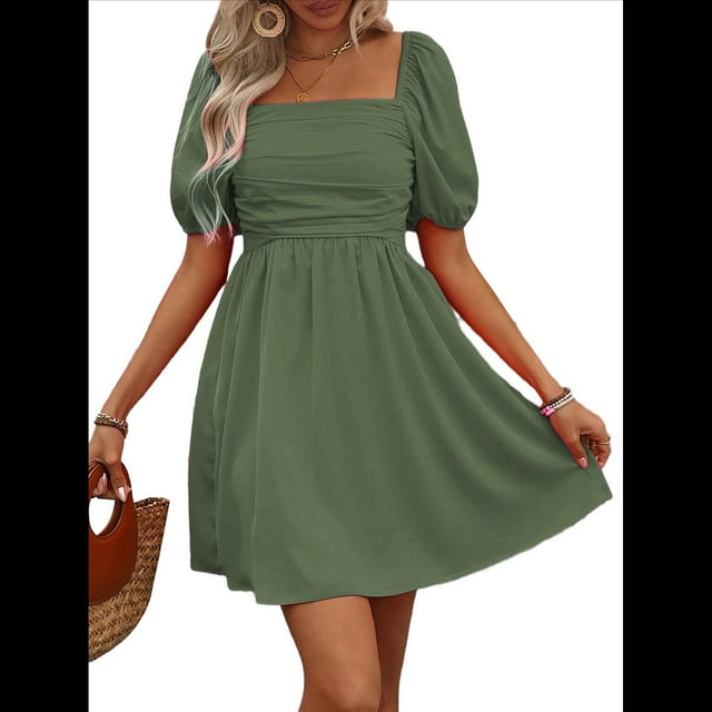 Vestido Bohemio de Corta Abullonada para Mujer, Escote Cuadrado, Corte A, Verde, Talla S