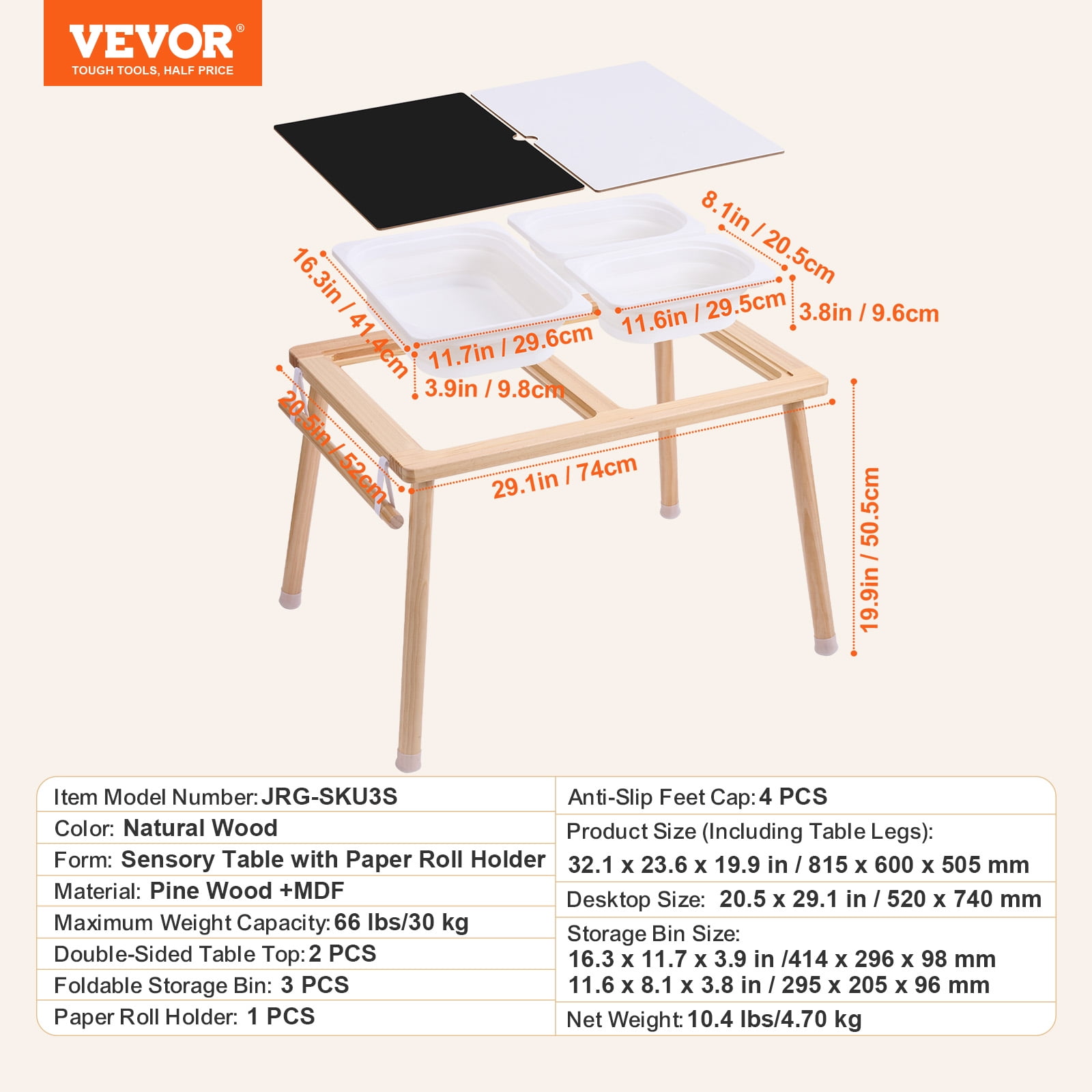 KFFKFF Children Sensory Table, Kids Interactive Desk with 3 Collapsible Organizers & Paper Dispenser, Active Table for Childhood Fun, Drawing