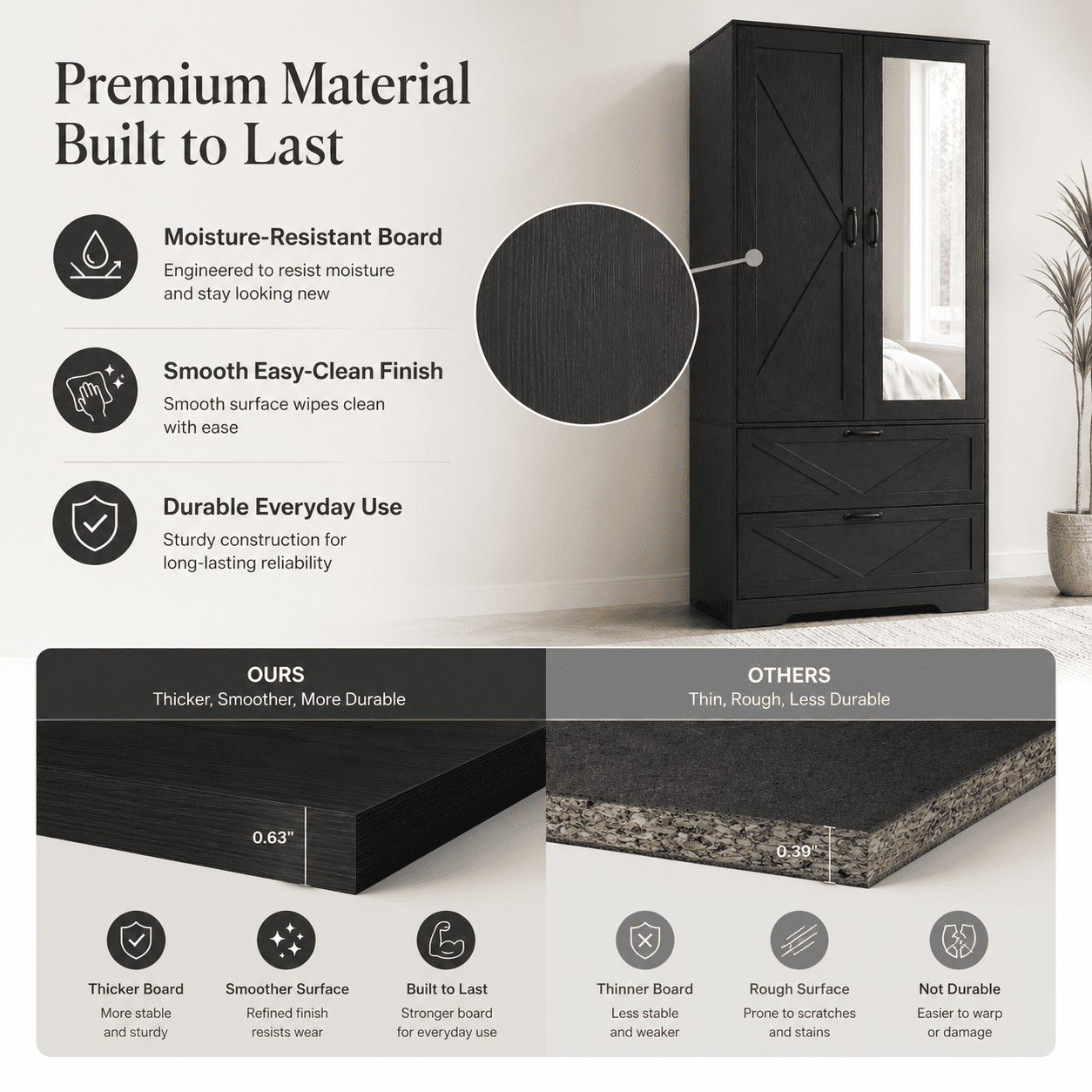 Aukfa 2-Door Wardrobe Armoire with Mirror & Built-In Induction Light, Bedroom Wood Closet with Hanging Rod & 2 Drawers,Black