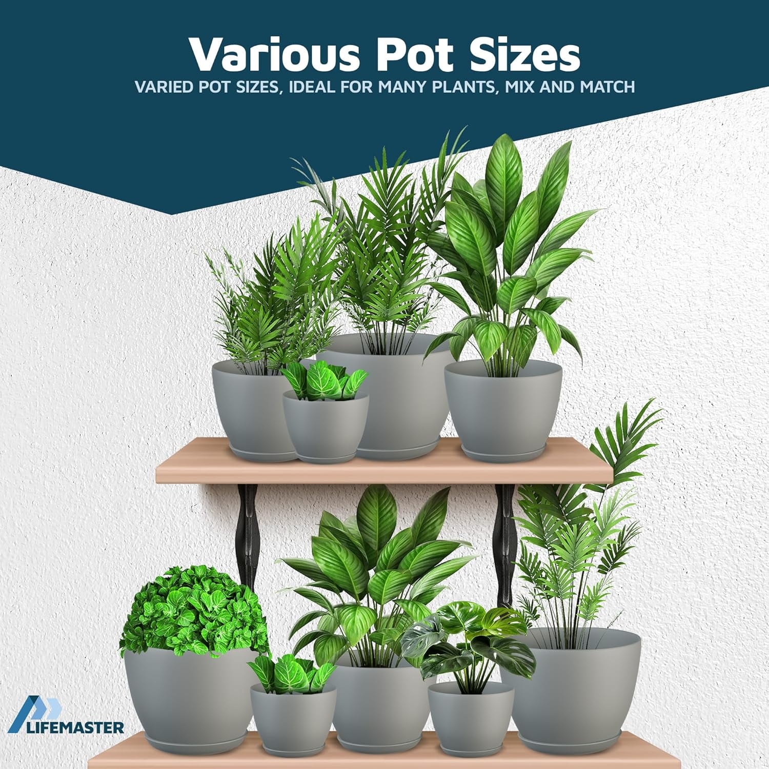 Gray Plant Pots with Drainage Holes & Saucers 15 Packs, Indoor & Outdoor Stackable Plastic Planters in Multiple Sizes for Houseplants & Flowers, Durable & Weatherproof Materials, Matte Finish
