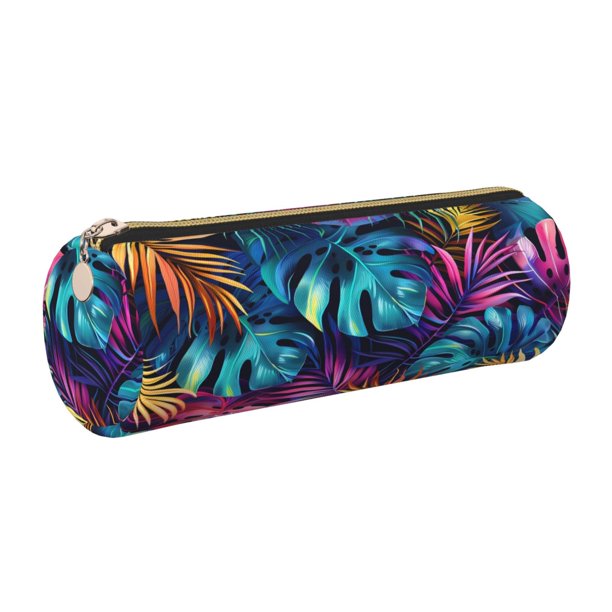 Disketp Colorful Tropical Leaves Estuche Organizador de Lápices de Cuero, Estuche de Oficina con Cremallera para Bolígrafo y Lápiz
