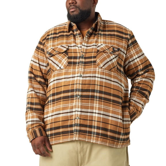 Dickies mens Sherpa Lined Flannel Shirt Jacket With Hydroshld, Brown, Large