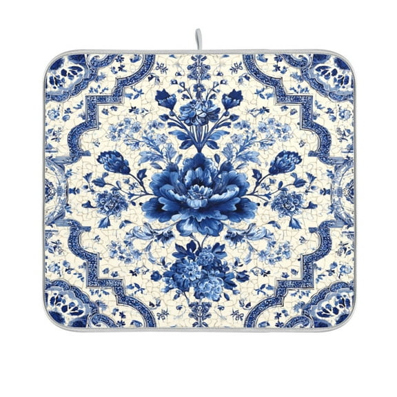 Dish Drying Mat Microfiber Kitchen Pad Large Counter Absorbent Dish Mats Drainer Rack 16"x18" Blue and White Porcelain-style