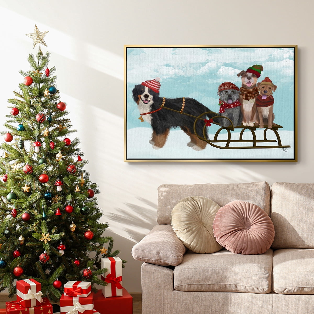 Christmas Mutt Sled - Framed Gallery Wrapped Holiday Canvas - 17 x 25 - Gold Frame