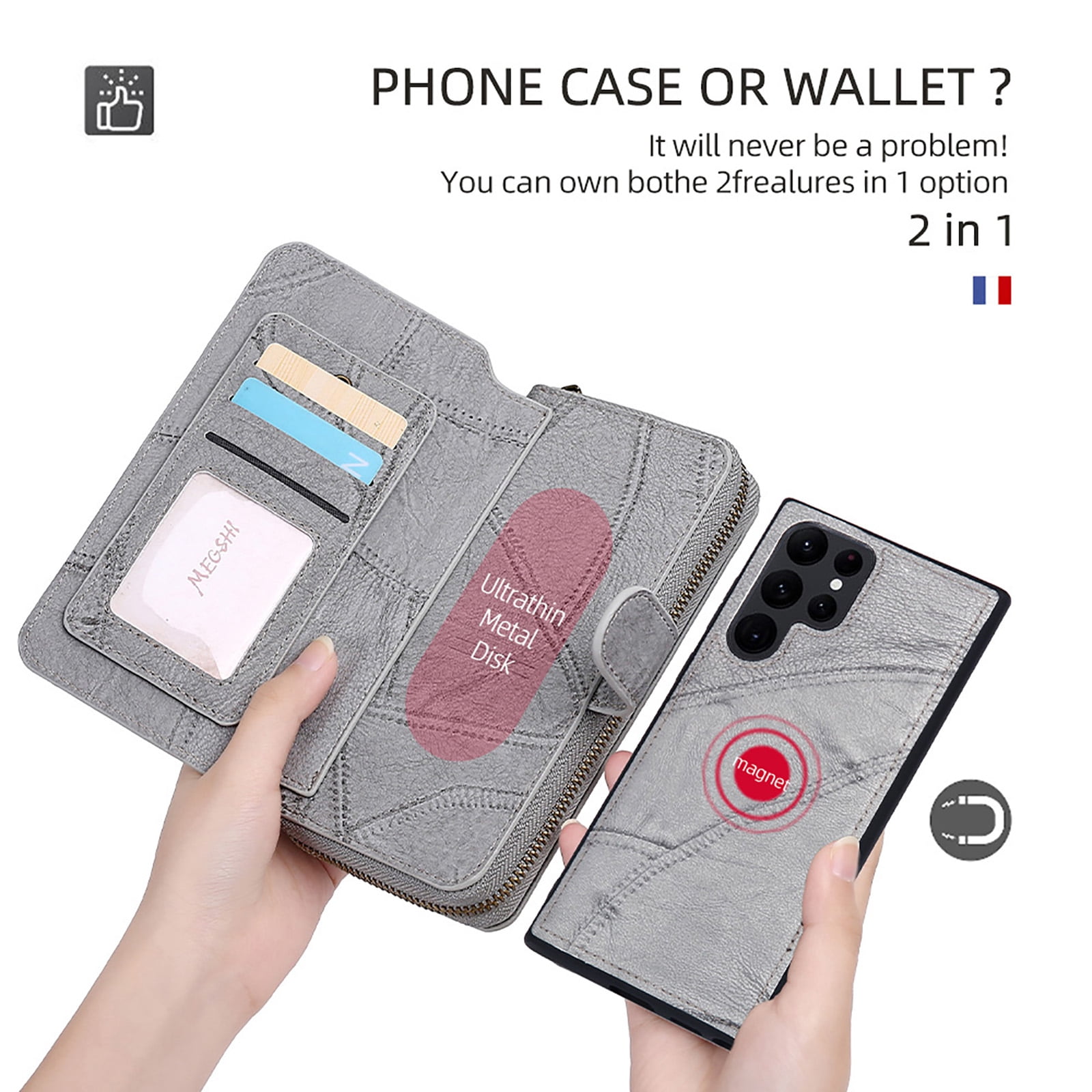 For Samsung Galaxy S25 Ultra Wallet Case with RFID Blocking Credit Card Holder, Detachable Wallet Phone Case Magnetic Closure Flip Kickstand PU Leather Flip Lanyard Strap Wristlet Zipper Purse,Gray