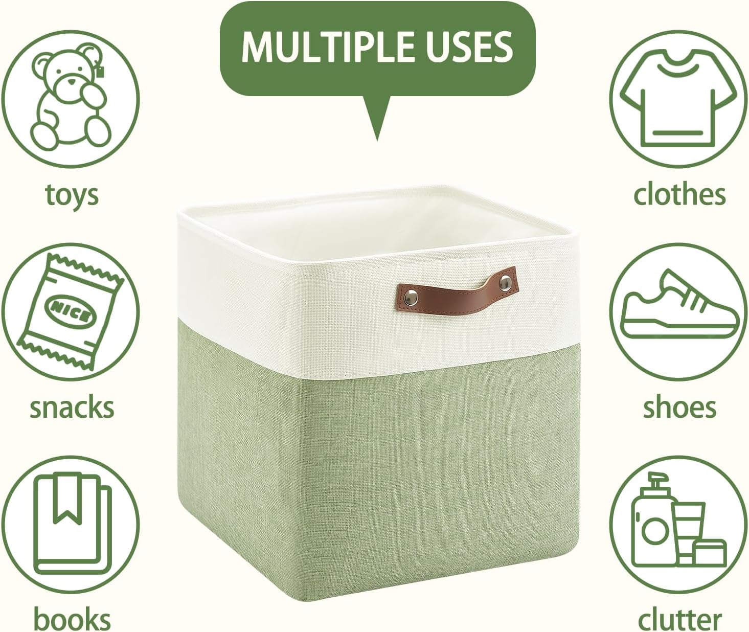 13 Inch Cube Storage Bins,Set of 4 , Foldable Storage Basket with PU Handles for Organizing Home, Closet, Clothes, Toy, Book, Laundry,Office, Organizers for Shelves(White&Green)