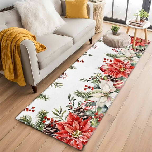 Christmas Kitchen Runner Rug 2x6 Washable Runners for Hallway Non Slip Winter Berry Flower Farmhouse Xmas Poinsettia Large Area Rug Indoor Floor Carpet for Bathroom Laundry Entryway Bedroom