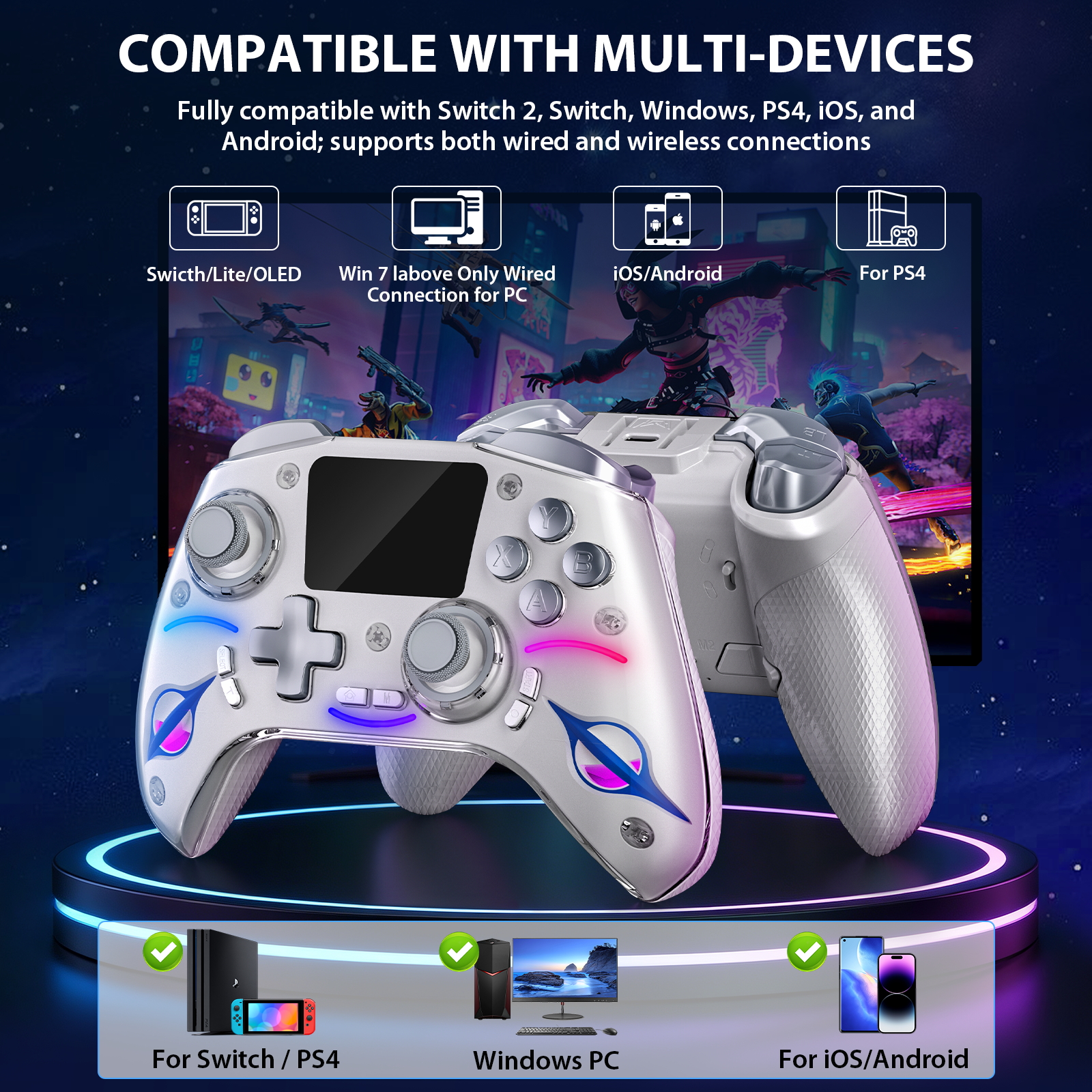 Controlador Gaming Inalámbrico con Pantalla Interactiva Inteligente, Joysticks de Efecto Hall, Iluminación RGB, Gamepad Bluetooth Compatible con Switch/PC/PS4/iOS/Android, 1200mAh, Blanco (No para Xbox, PS5) 5