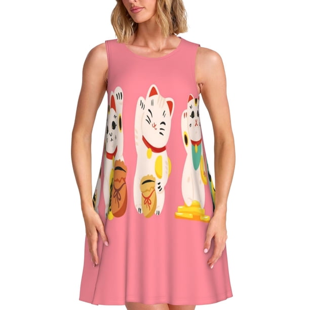 Balery Cute Cat Vestidos de verano para mujer con estampado: vestido holgado sin mangas, vestido playero informal y cómodo para días calurosos.