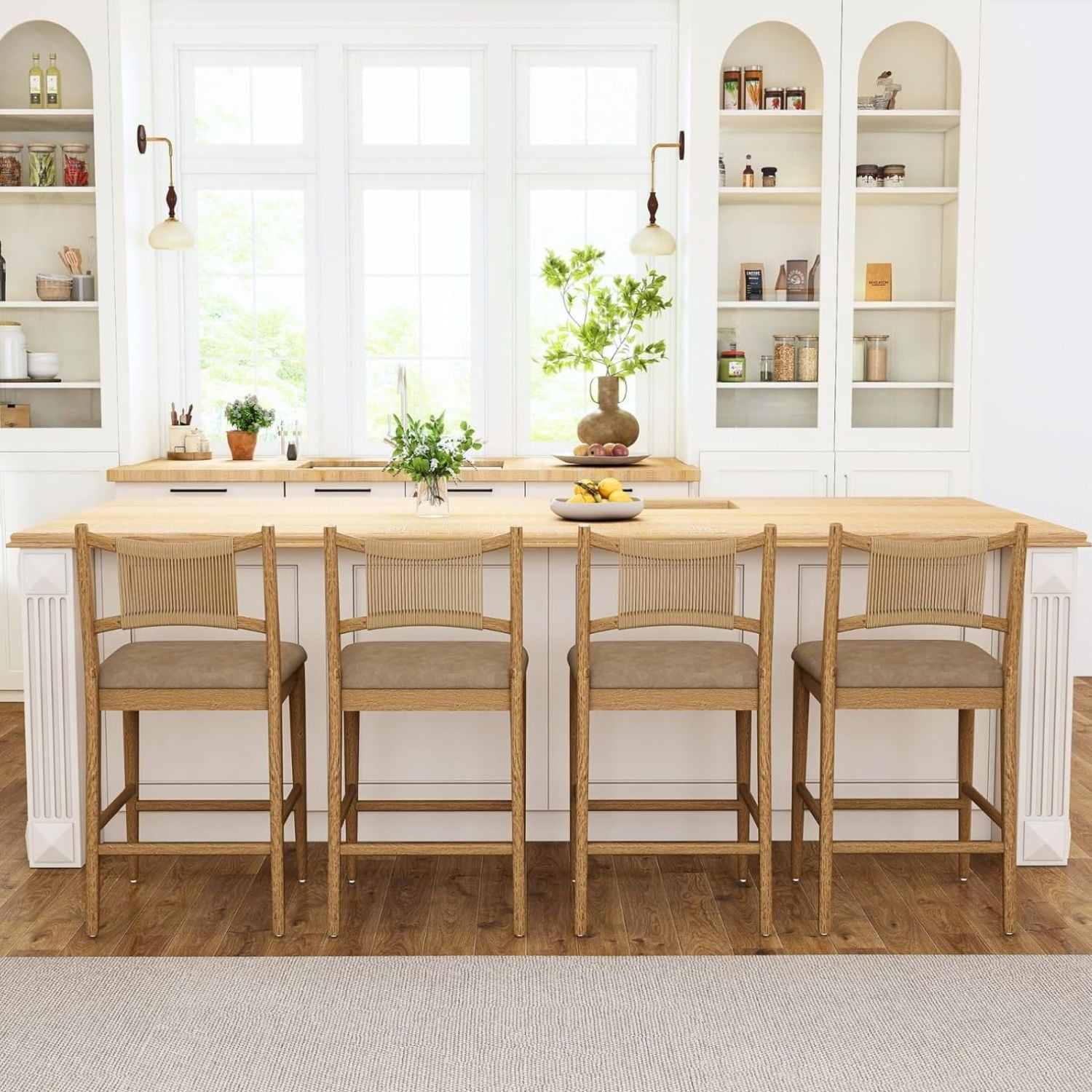 Dayalane Farmhouse Bar Stools Set of 4, 25.5" Counter Height Bar Stools with Paper Cord Woven Back Solid Wood Frame, PU Leather Upholstered Kitchen Island Chairs for Dining Room Home Bar, Brown