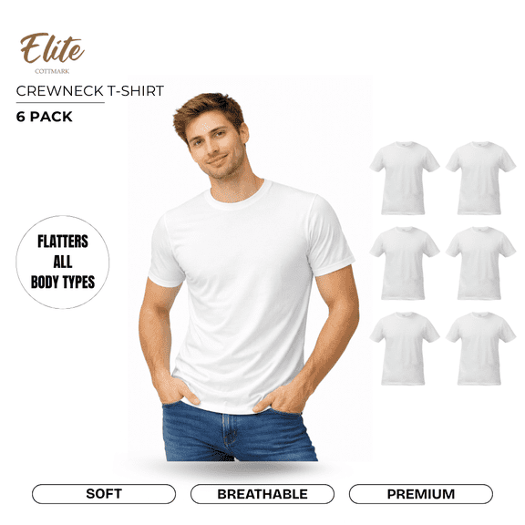 Elite by Cottmark Men’s Crew Neck Premium Soft T-Shirt, White, Size 4XL, 6-Pack