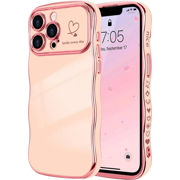 for iPhone 13 Pro Case for Women Girls, Cute Wave Frame Curly Shape with Love Heart Pattern Raised Camera Protection Cover Luxury Plating Shockproof Phone Case for iPhone 13 Pro, Pink